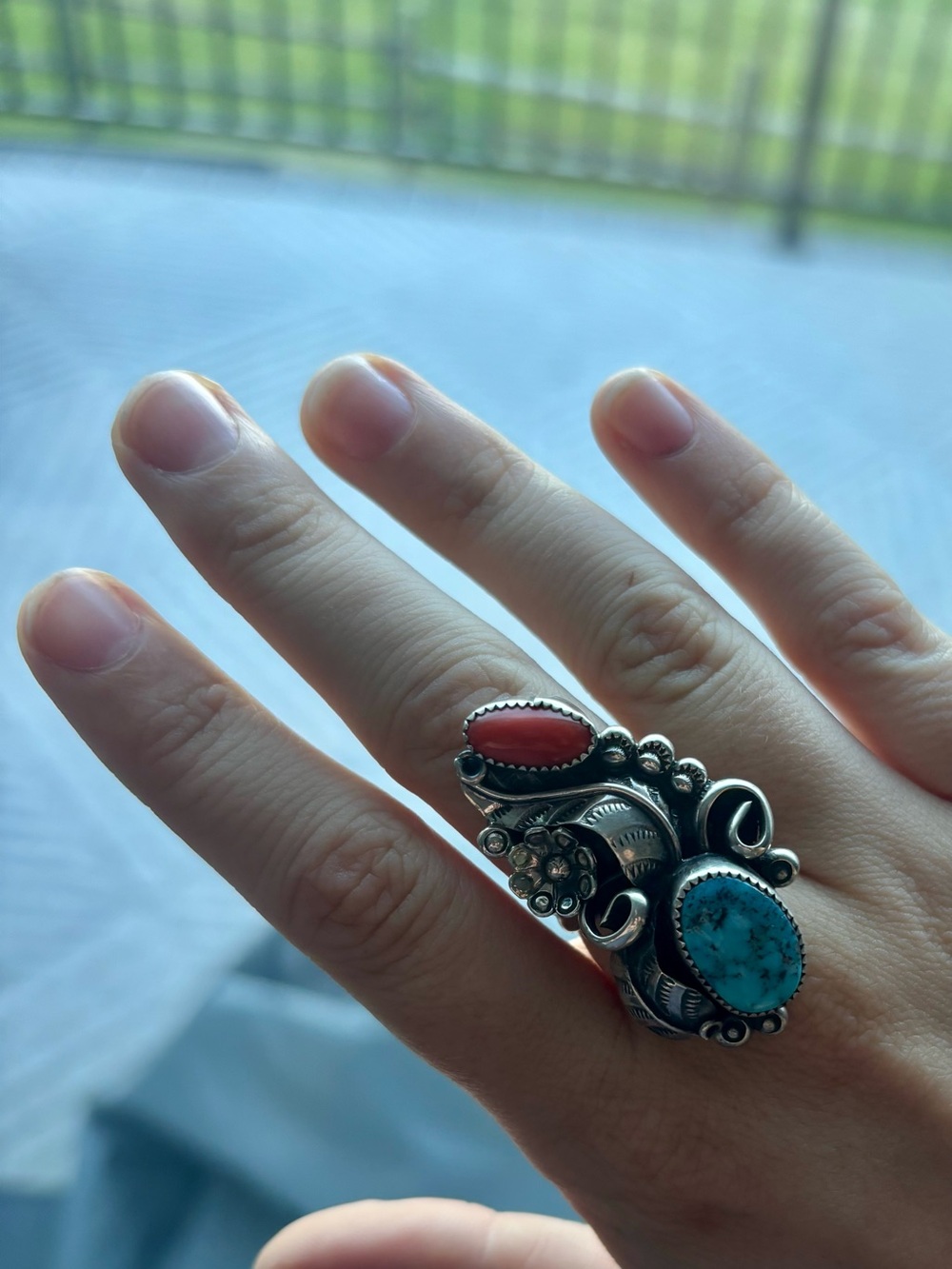 Vintage Navajo Turquoise & Coral Silver Statement Ring size ~7 southwest style